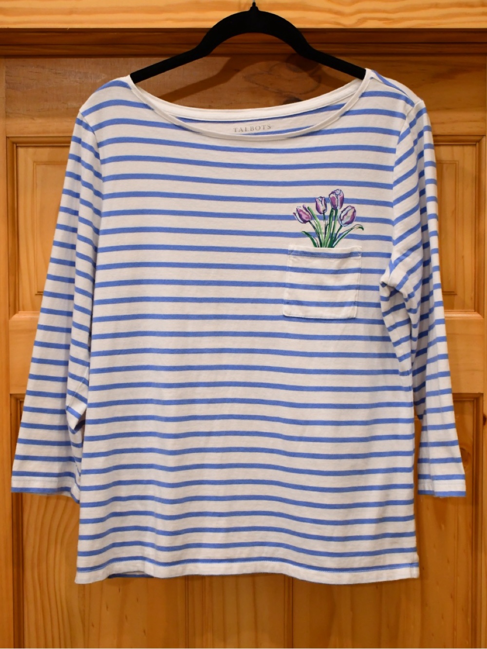 Talbots Authentic Cotton Striped 3/4 Sleeve Tee with Tulip Pocket M